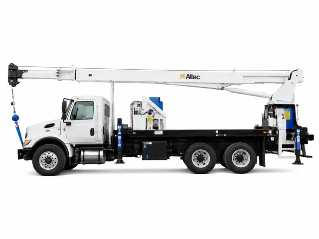 Автокран ALTEC AC 18-70R белого цвета с голубыми акцентами, вид строго сбоку