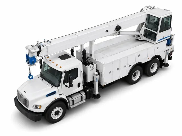 Автокран ALTEC AC 26-95B в бело-голубой цветовой схеме, вид сверху под высоким углом